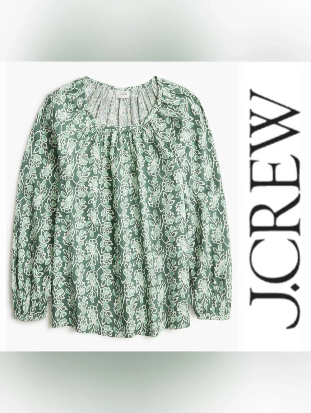 J. CREW Cotton Peasant Blouse Scoopneck Stretch Green Vine Print Sz M